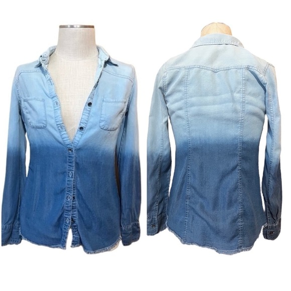 Maurices Small Denim Chambray Long Sleeve Button Up Shirt Bleached Dip Dye - Picture 2 of 7